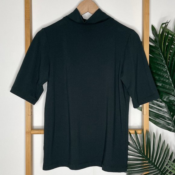 SOLD Trenery Dark Forest Green Mock Neck 1/2 Sleeve T-Shirt Top Size S Cotton - Picture 2 of 10